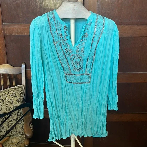 Faded Glory Turquoise Crinkled Crepe 3/4 Sleeve Copper Decor Shirt - Picture 1 of 7